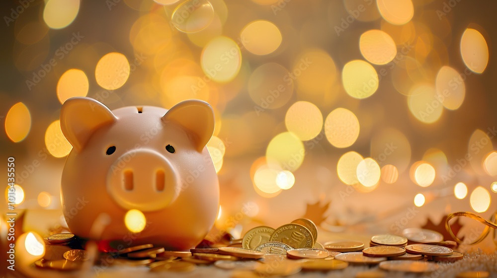Close-up of a piggy bank and golden coins Close-up of a piggy bank and golden coins