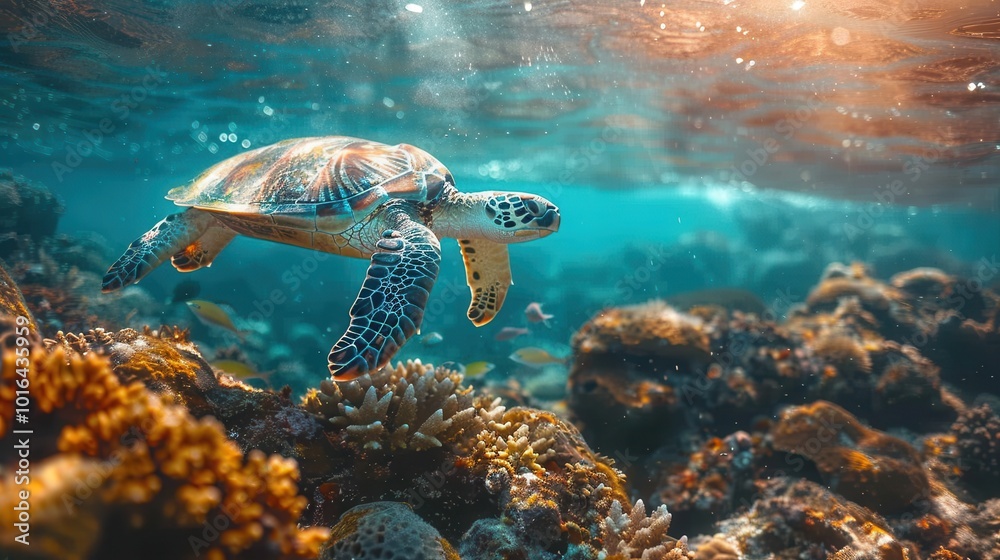 Fototapeta premium Stunning Sea Turtle Swimming Among Coral Reefs