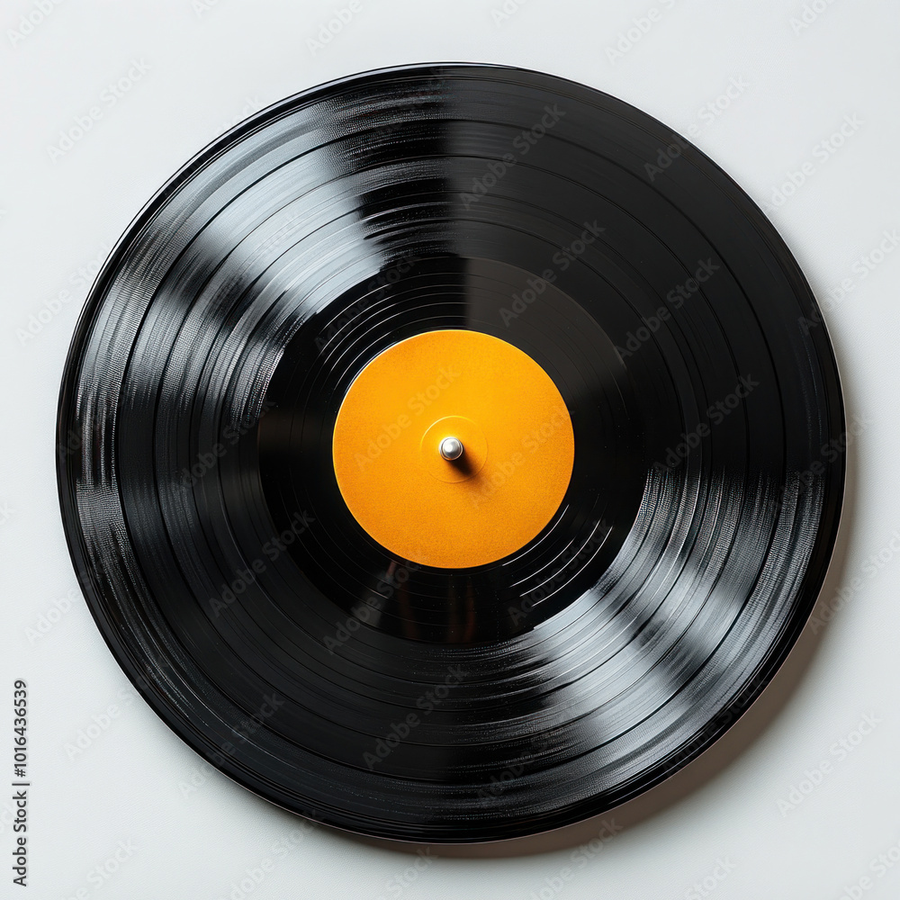 Obraz premium A photorealistic image of a classic vinyl record, with light reflections on its surface, on a white background