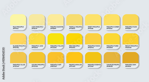Pineapple Color Palette, Pineapple Color Guide Palette with Color Names. Catalog Samples of Yellow with RGB HEX codes. paint, natural pineapple variations, and a Fashion Trend yellow color tone shades