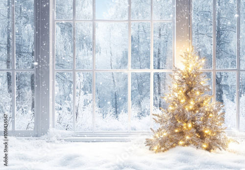 A digital backdrop of A large white window in a cozy building, adorned with gold and white Christmas tree, outside Snowy woods