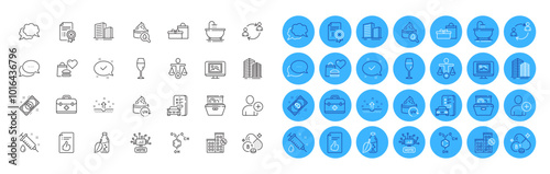 First aid, Chat message and Buildings line icons pack. Wineglass, Bitcoin, Dots message web icon. Food donation, Chemical formula, Bath pictogram. Moisturizing cream, User communication. Vector