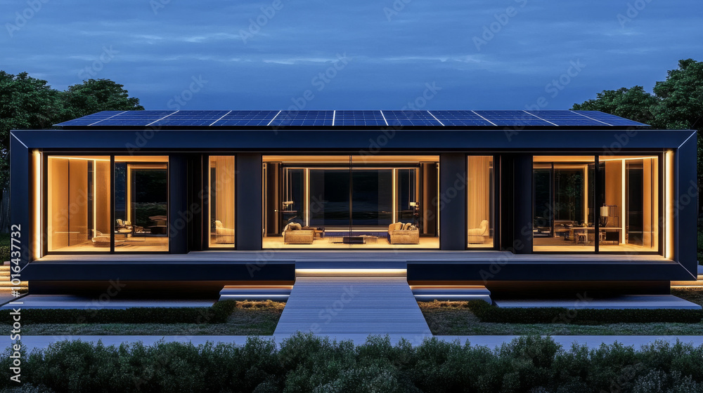 Fototapeta premium Modern, minimalist home with solar panels on the roof, lit up at night.