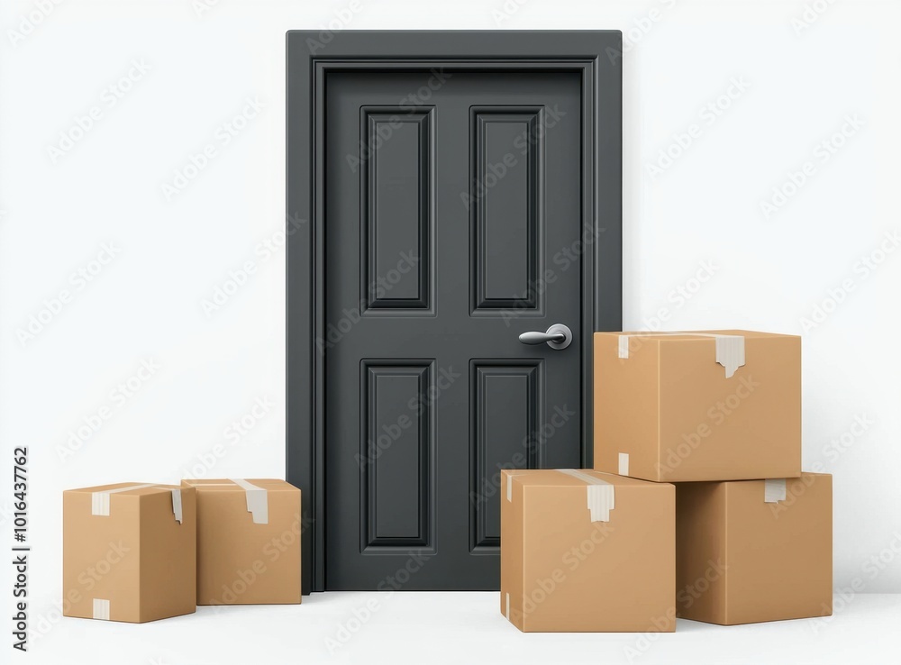A closed dark door stands in front of several stacked cardboard boxes, suggesting a scene of moving or storage. A closed dark door stands in front of several stacked cardboard boxes, suggesting a scene of moving or storage.
