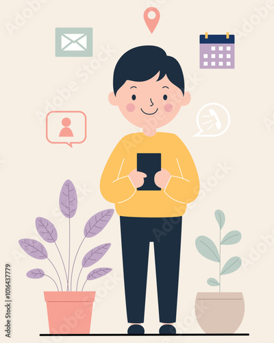 Smiling boy holding a mobile phone with icons for email, location, and calendar.