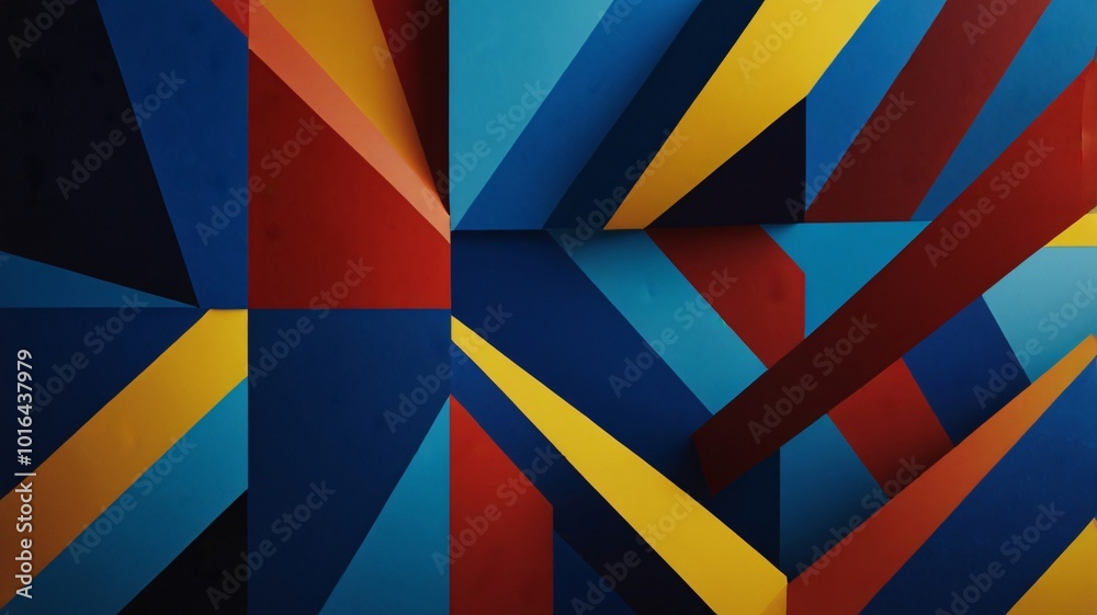 colorful geometric abstract design with overlapping shapes and patterns in vibrant hues of blue, red, and yellow.