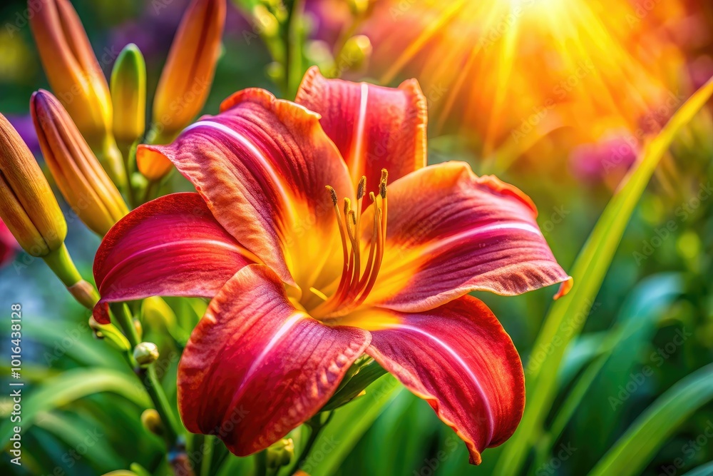 Obraz premium Vibrant Daylily Bloom in Full Sunshine Showcasing Nature's Beauty and Colorful Petals in Garden
