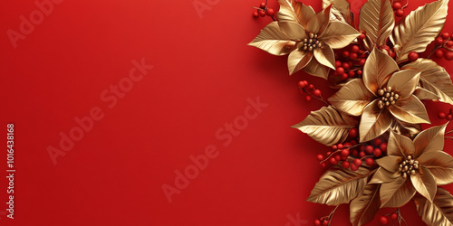 3D render of golden poinsettia and holly berries on solid bright red background.
