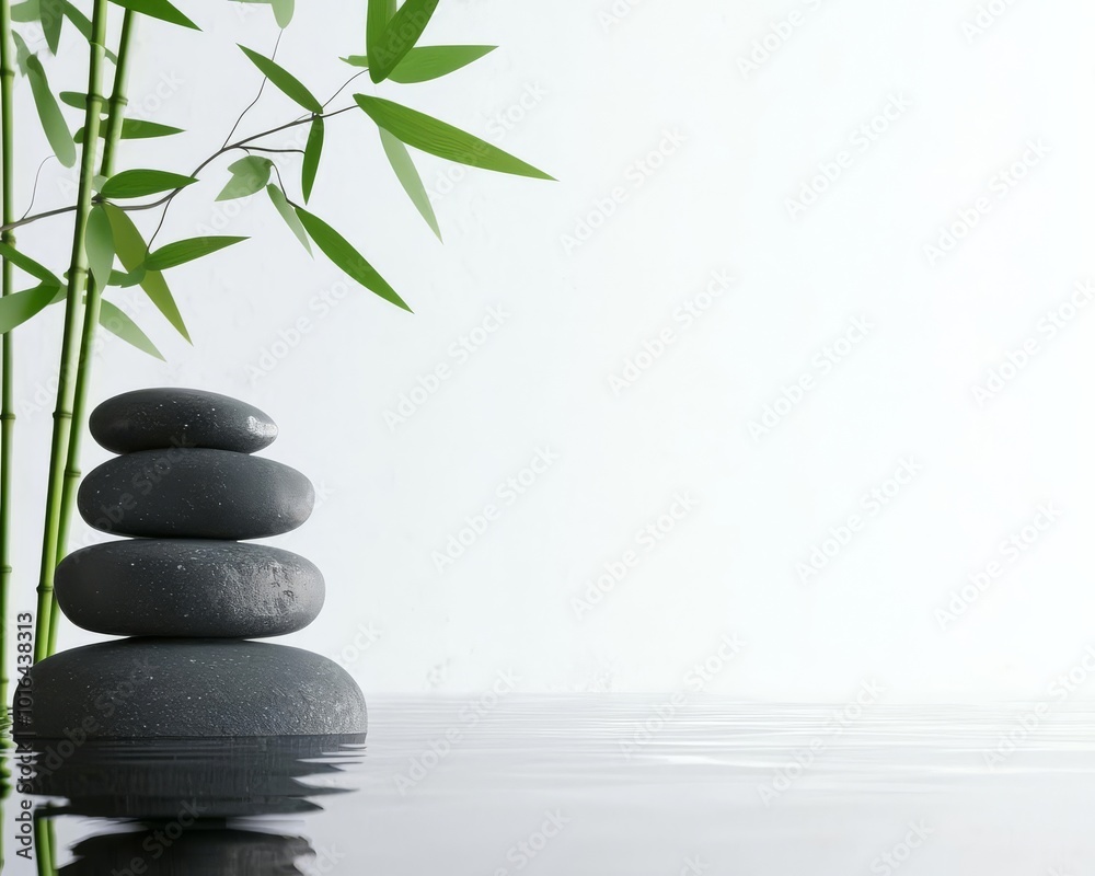 Balanced stones with bamboo, serene ambiance, peace and tranquility concept, white background. Balanced stones with bamboo, serene ambiance, peace and tranquility concept, white background.