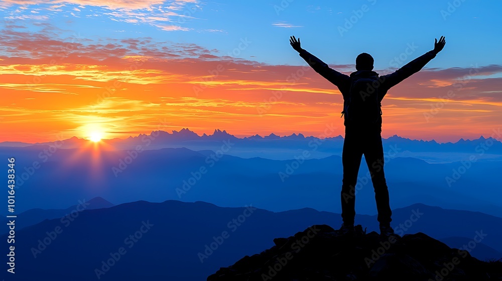 Individual Celebrating at Mountain Peak During Sunset Individual Celebrating at Mountain Peak During Sunset