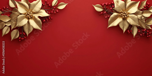 3D render of golden poinsettia and holly berries on solid bright red background.