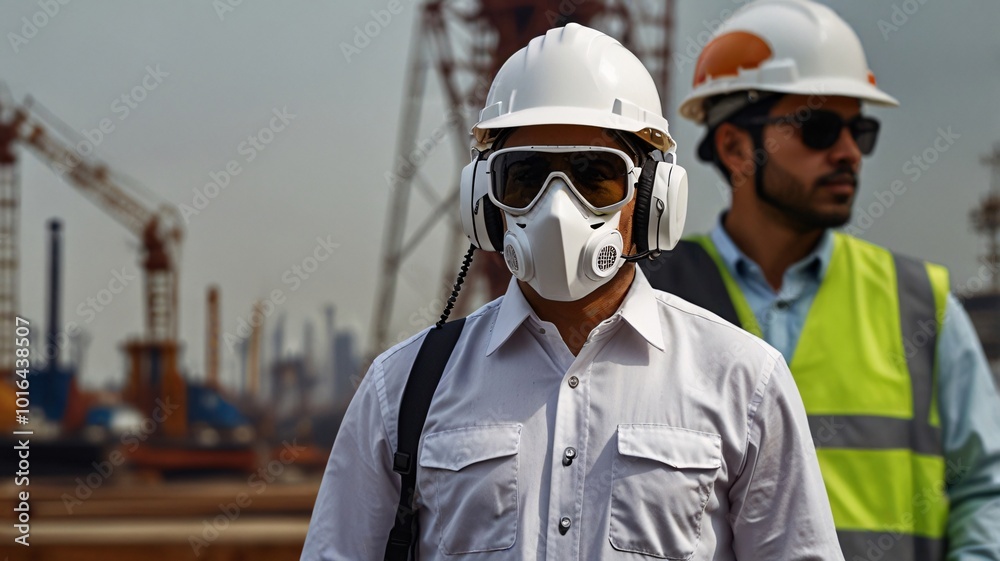 Construction Site Manager in Suit Wearing Helmet, Mask, and Glasses Overlooking Development. Construction Site Manager in Suit Wearing Helmet, Mask, and Glasses Overlooking Development.