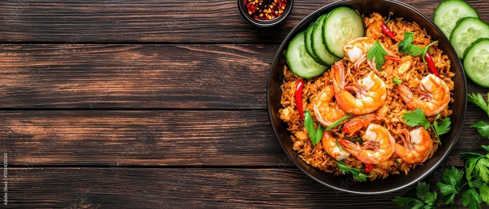 Delicious shrimp fried rice served in a bowl with sliced cucumbers, herbs, and a side of chili sauce on a wooden table. Delicious shrimp fried rice served in a bowl with sliced cucumbers, herbs, and a side of chili sauce on a wooden table.