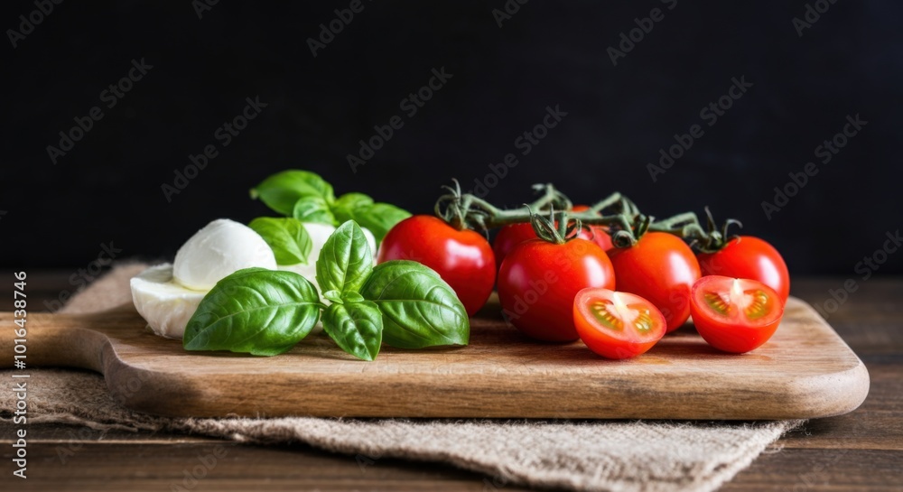 Fresh Tomatoes, Mozzarella Cheese, and Basil on a Cutting Board Fresh Tomatoes, Mozzarella Cheese, and Basil on a Cutting Board