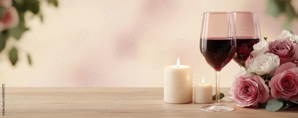 A candlelit dinner setup with a bouquet of pink and white flowers resting on a wooden table, next to two glasses of red wine, with the soft glow of candles enhancing the intimate mood. A candlelit dinner setup with a bouquet of pink and white flowers resting on a wooden table, next to two glasses of red wine, with the soft glow of candles enhancing the intimate mood.