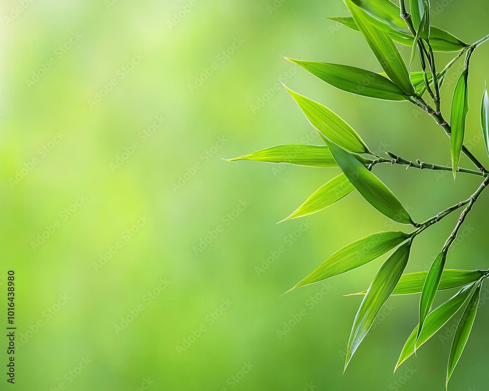 Obraz premium Bamboo leaves on a soft green background, creating a tranquil nature scene.