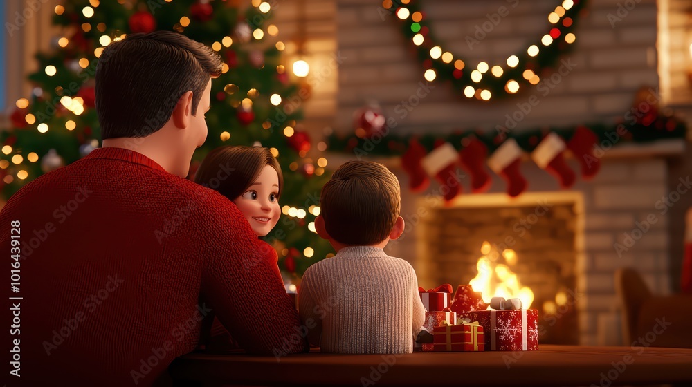 Family enjoying a cozy Christmas evening by the fireplace with gifts and decorations. Family enjoying a cozy Christmas evening by the fireplace with gifts and decorations.