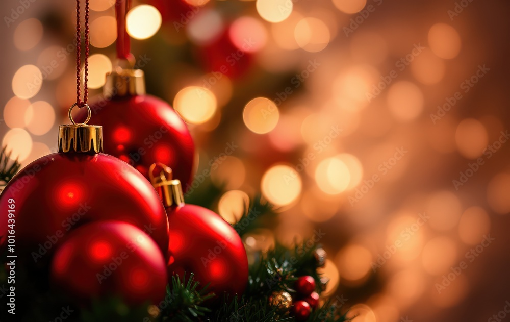 Shiny Red Christmas Ornaments Close-Up