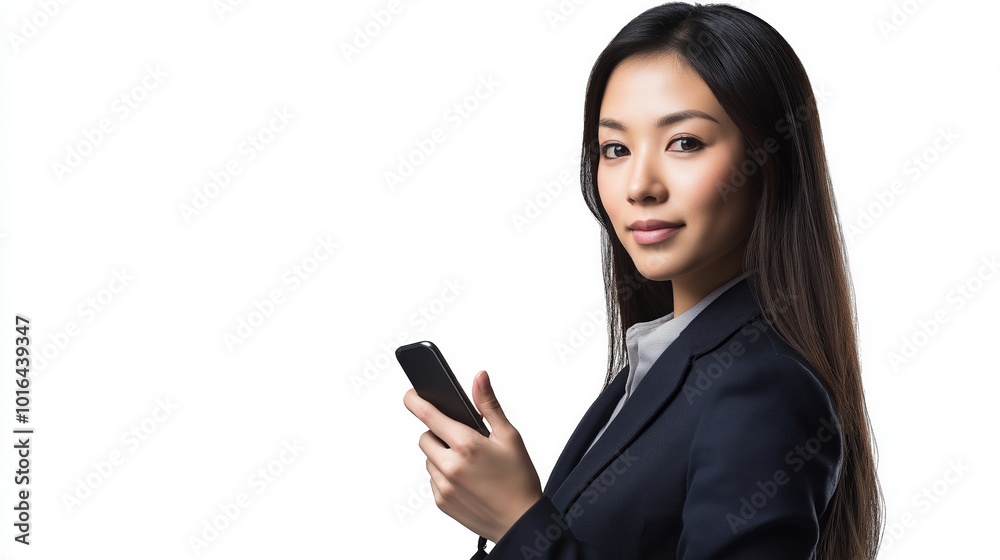 Selbstbewusste junge asiatische Unternehmerin in professioneller Kleidung für Business und digitale Medien