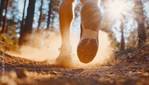 A close-up of a young man's feet as he runs on a dirt trail in the forest, kicking up small dust clouds while the sunlight shines brightly through the trees above. photo