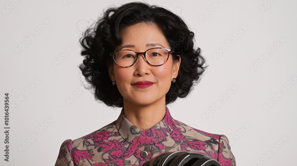 Selbstbewusste asiatische Geschäftsfrau in geblümter Business-Kleidung für Corporate Branding und Design Selbstbewusste asiatische Geschäftsfrau in geblümter Business-Kleidung für Corporate Branding und Design