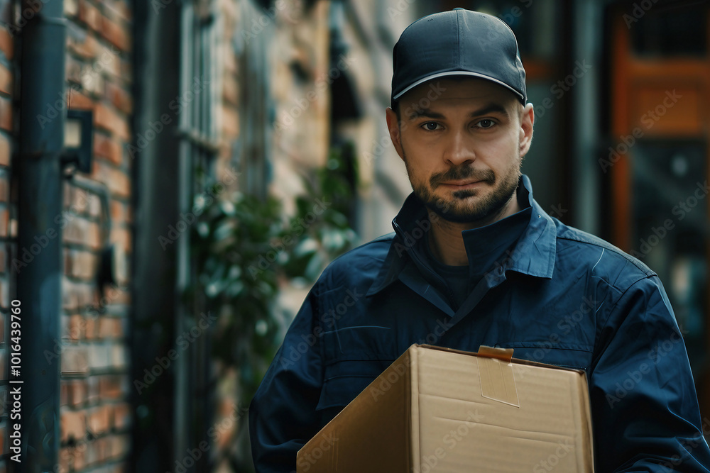 Delivery service in work, courier person guy delivering package straight to client house, Generative AI Delivery service in work, courier person guy delivering package straight to client house, Generative AI