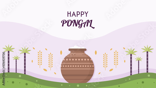 Happy Pongal background design with sugarcane, wheat, and pongal pot. Vector illustration.