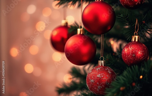 Holiday Baubles with Red Bokeh Lights