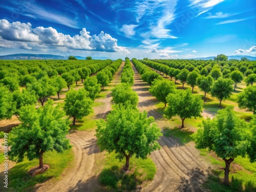 Vibrant green pistachio nut trees flourish in a sunny orchard, their leaves shimmering under clear blue skies, capturing the essence of a bright summer day.