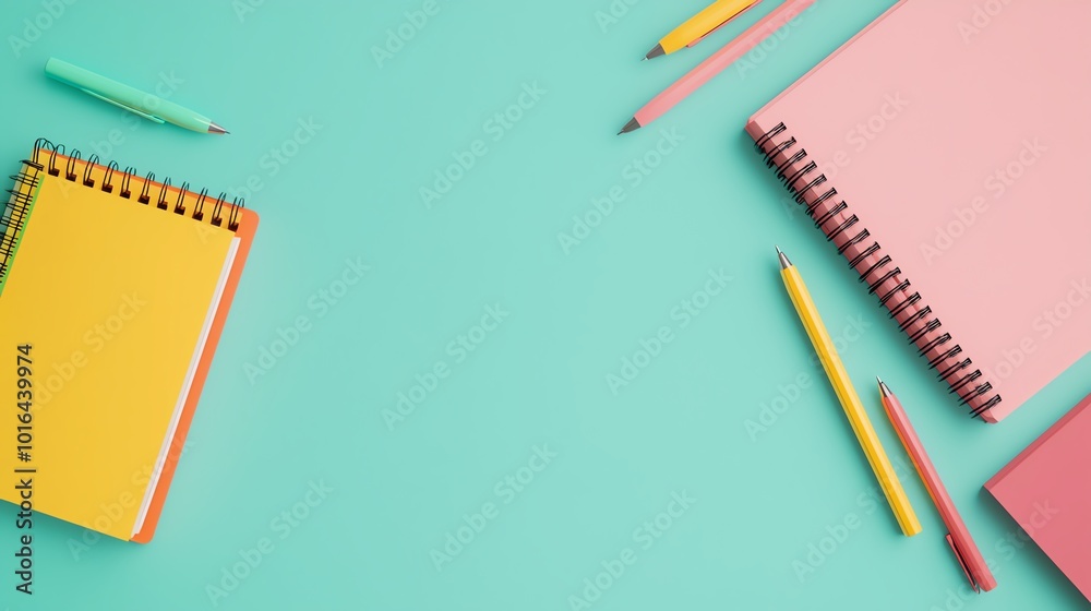 3D render of a desk with scattered school supplies, notebooks, and pens, soft shadows, wideangle, realistic textures 3D render of a desk with scattered school supplies, notebooks, and pens, soft shadows, wideangle, realistic textures