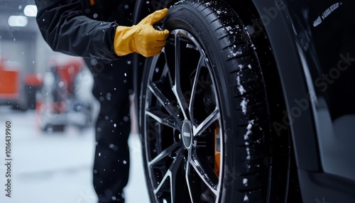 A detailed close-up of a technician aligning a summer tire on the wheel hub after removing the winter tire photo