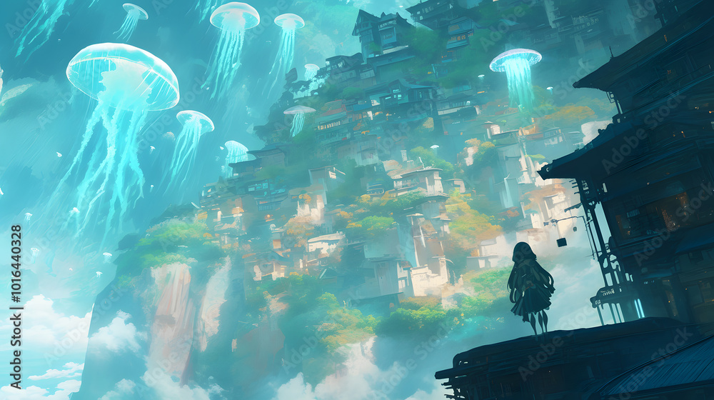 Obraz premium futuristic sea village nestled near a towering mountain cliff, featuring unique architecture and a vintage train station.sky, and glowing flying fish soar over the ocean.