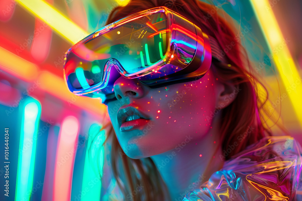 Obraz premium Fashion model person wearing futuristic shiny glamorous VR goggles watching cyberpunk video, Generative AI