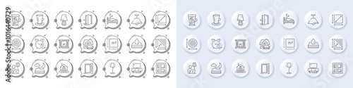 Circle area, Entrance and Square meter line icons. White pin 3d buttons, chat bubbles icons. Pack of Waterproof mattress, Tv stand, Triangle area icon. Vector