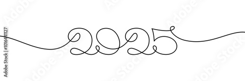 2025 decorative handwritten lettering. Continuous line drawing text for New Year greeting card, banner, calendar design. Vector illustration