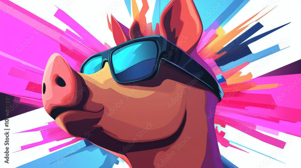 A cartoon pig wearing sunglasses with a colorful abstract background. A cartoon pig wearing sunglasses with a colorful abstract background.