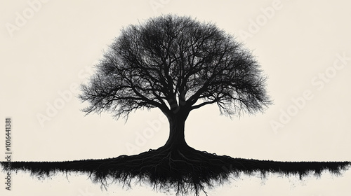 A minimalist design of an oak tree with roots and branches, symbolizing growth, strength, and connection with nature. The clean lines and simple design create a timeless representation of life, sustai photo