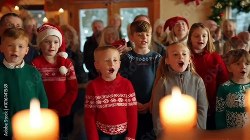 group of people , Children Singing Joyful Christmas Carols in a Choir, Festive Choir Performance of Holiday Songs by Kids
