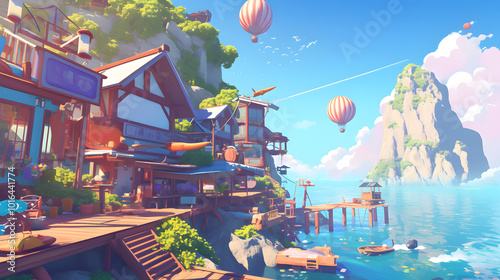 futuristic sea village nestled near a towering mountain cliff, featuring unique architecture and a vintage train station.sky, and glowing flying fish soar over the ocean. 