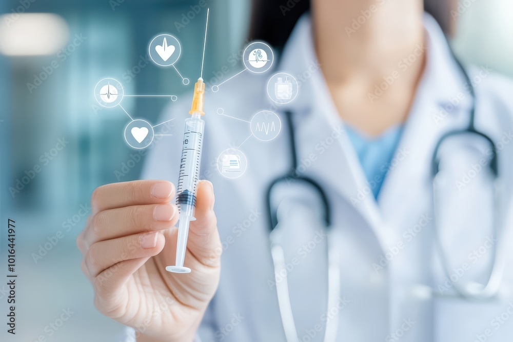 Healthcare professional holding a syringe with health icons in background, representing medical care and vaccination. Healthcare professional holding a syringe with health icons in background, representing medical care and vaccination.