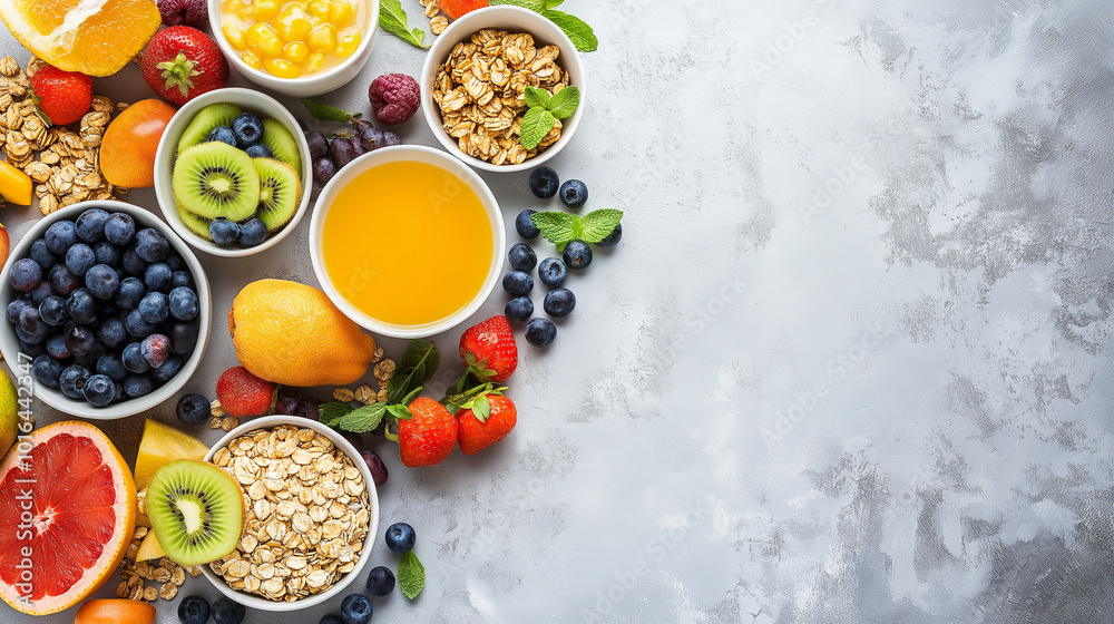 Healthy breakfast table with fresh fruits cereals and natural juices. Generative AI. Healthy breakfast table with fresh fruits cereals and natural juices. Generative AI.