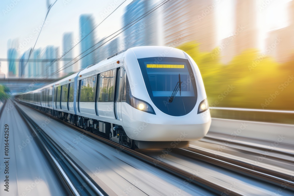 Naklejka premium Modern train speeding through a cityscape, showcasing urban transportation and technology in motion.