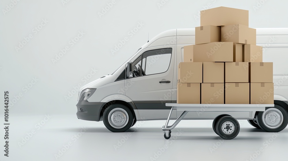 A white delivery van stands with an open door, revealing cardboard boxes inside and a hand truck. This setup highlights commercial cargo transportation and online shopping logistics