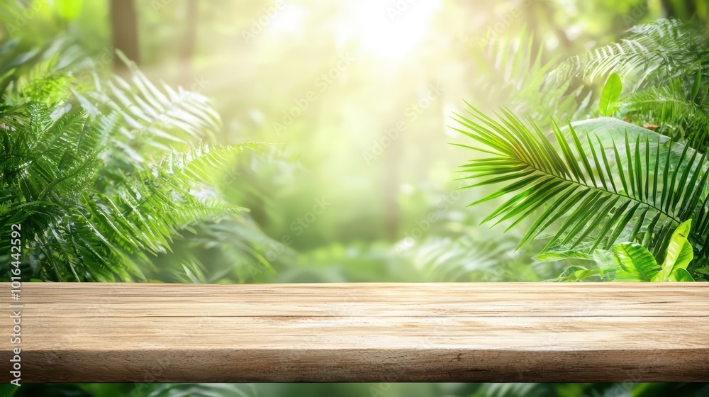 Natural wooden table with lush green foliage in a vibrant sunlight setting. Natural wooden table with lush green foliage in a vibrant sunlight setting.