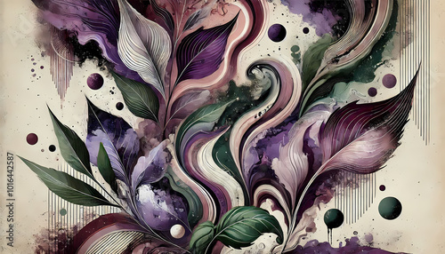 abstract art featuring purple basil tones with accents of green, white, and black. 