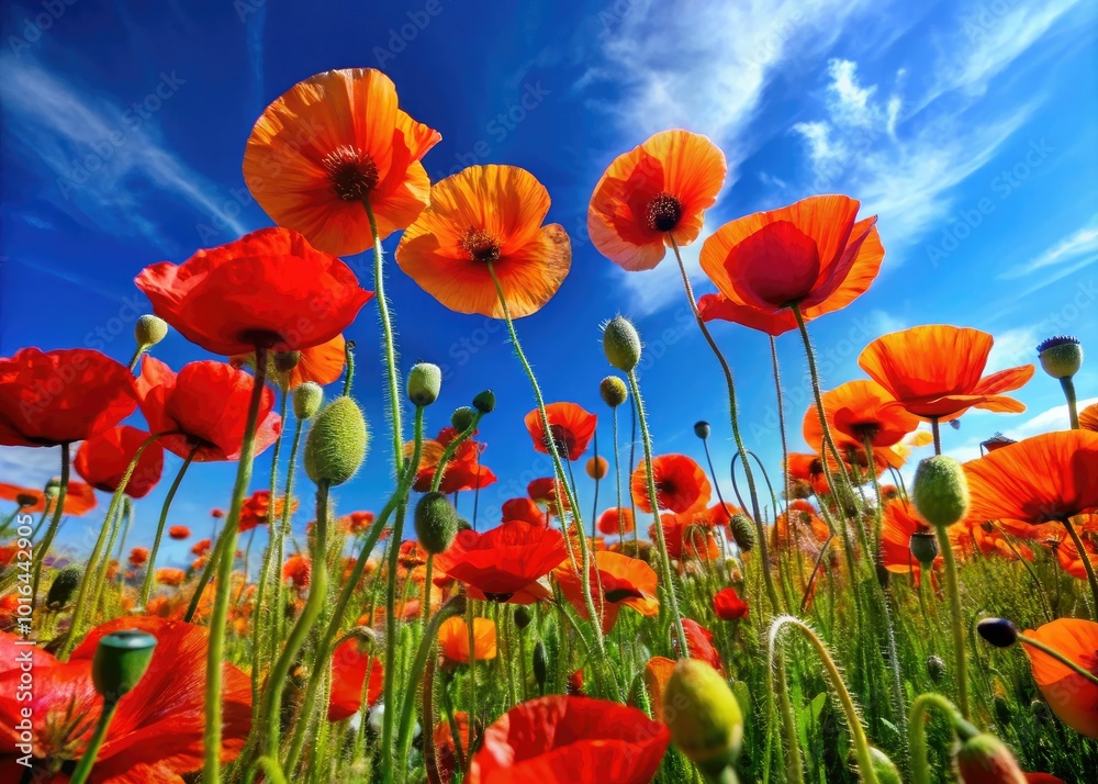 Vibrant Poppy Flowers in Bloom Against a Clear Blue Sky Creating a Stunning Natural Landscape Vibrant Poppy Flowers in Bloom Against a Clear Blue Sky Creating a Stunning Natural Landscape