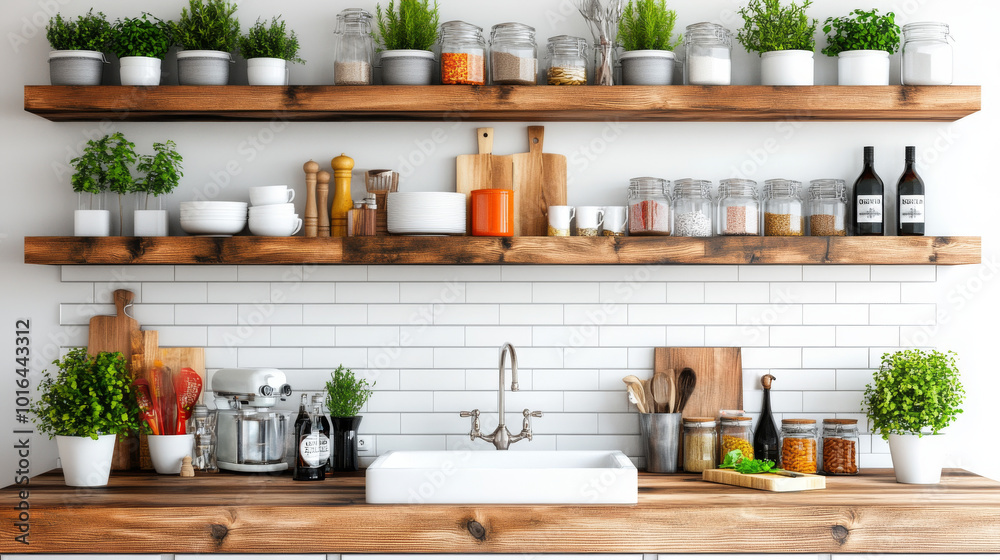 A modern kitchen with wooden shelves and a white farmhouse sink. A modern kitchen with wooden shelves and a white farmhouse sink.