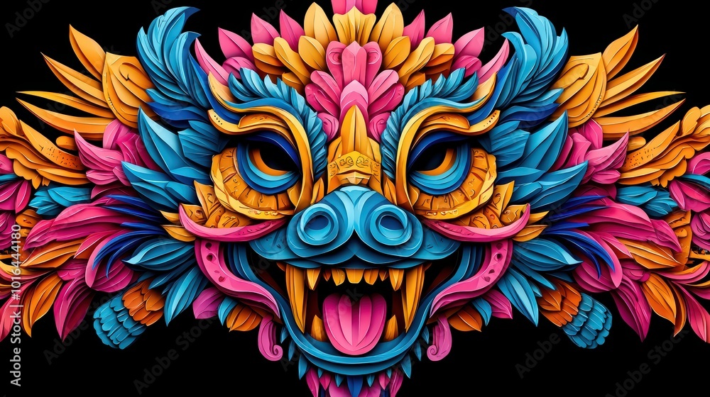 Fototapeta Vibrant and intricate mask design featuring bold colors and floral elements, perfect for cultural celebrations.