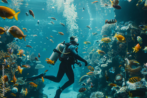 Wallpaper Mural Beautiful diver goes on an underwater adventure in frighteningly deep sea Torontodigital.ca