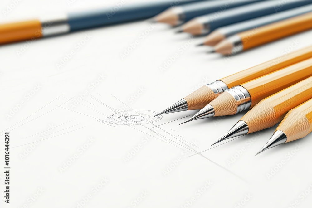 Pencil arrangement on a drawing sheet, white isolated background. Pencil arrangement on a drawing sheet, white isolated background.